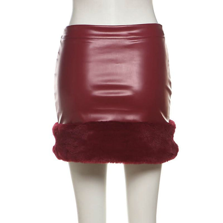 PU leather fluffy patchwork zip-up mini skirt Cargo Mini Skirt  | Festival Outfits Women