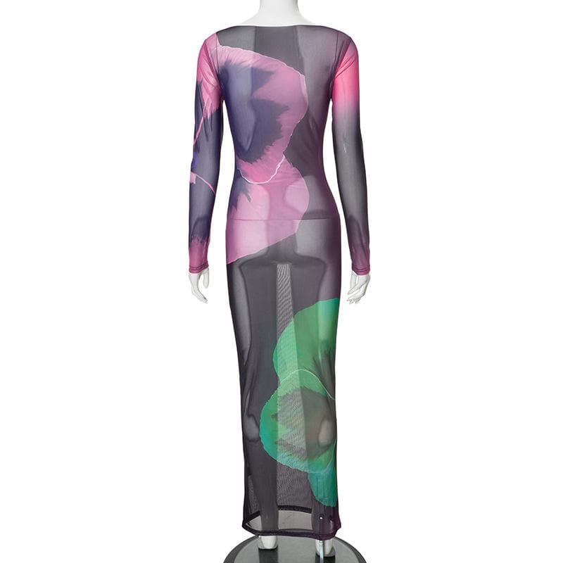 Riga mai dogon hannu mai sheer mesh print crewneck maxi | Kayan Biki na Mata