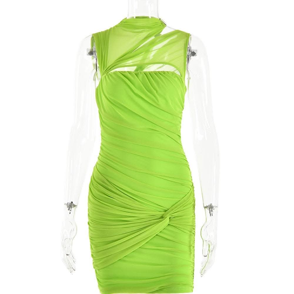 Sleeveless irregular hollow out mesh knotted ruched cut out mini dress-final-sale  | Festival Outfits Women