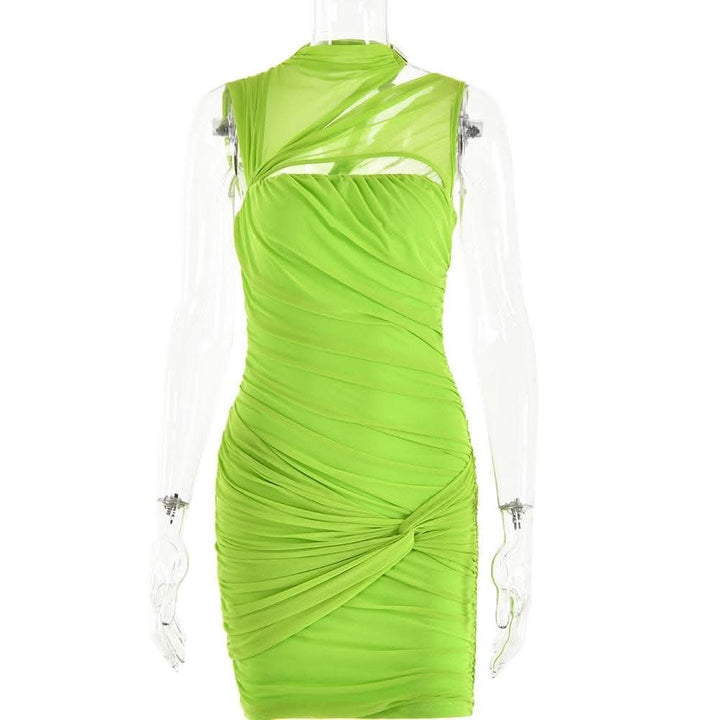 Sleeveless irregular hollow out mesh knotted ruched cut out mini dress-final-sale  | Festival Outfits Women