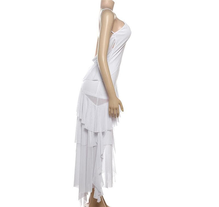 V neck sheer mesh ruffle cami midi dress  | Festival Outfits Women