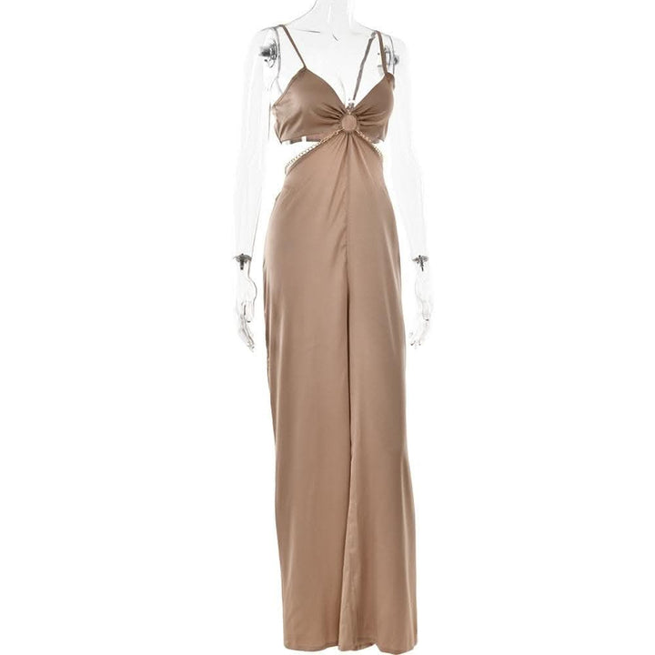 Ruched solid o ring v neck satin hollow out cami jumpsuit-final-sale  | Festival Outfits Women