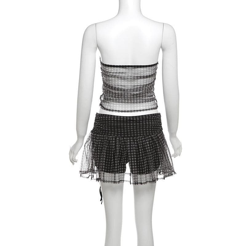 Rose applique plaid mesh ruched tube mini skirt set  | Festival Outfits Women