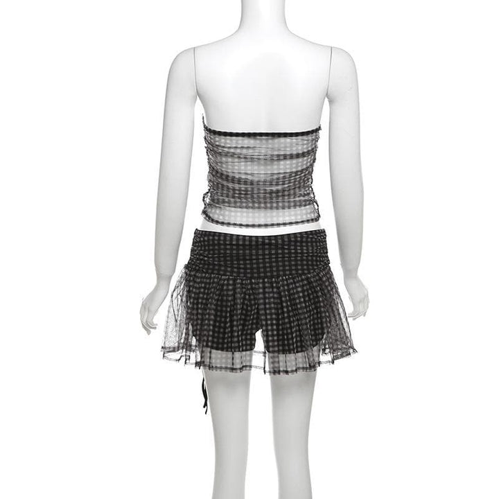 Rose applique plaid mesh ruched tube mini skirt set  | Festival Outfits Women