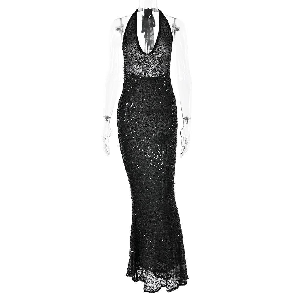 Halter self tie glitter u neck low cut backless maxi dress  | Festival Outfits Women