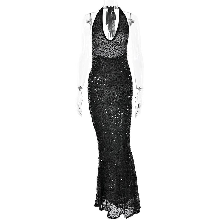 Halter self tie glitter u neck low cut backless maxi dress  | Festival Outfits Women