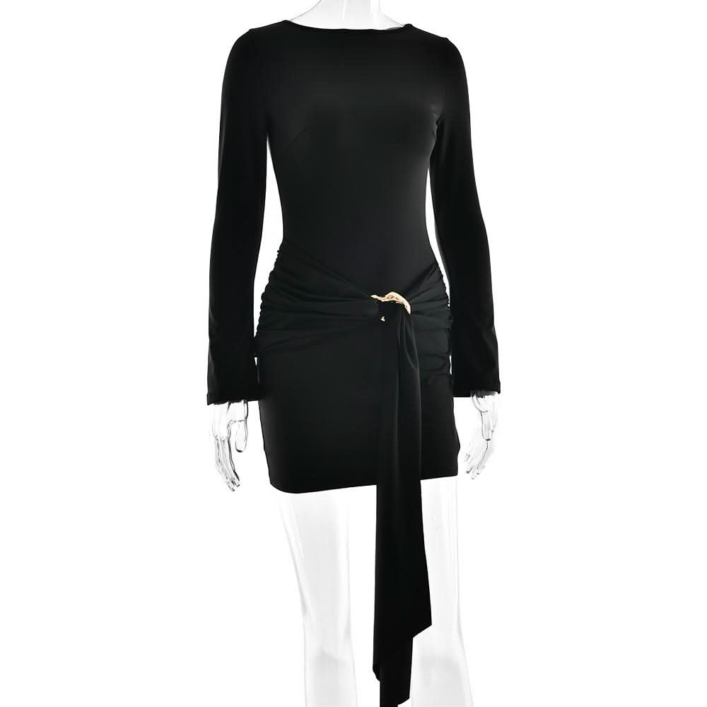 Long sleeve ruched metal applique mini dress  | Festival Outfits Women