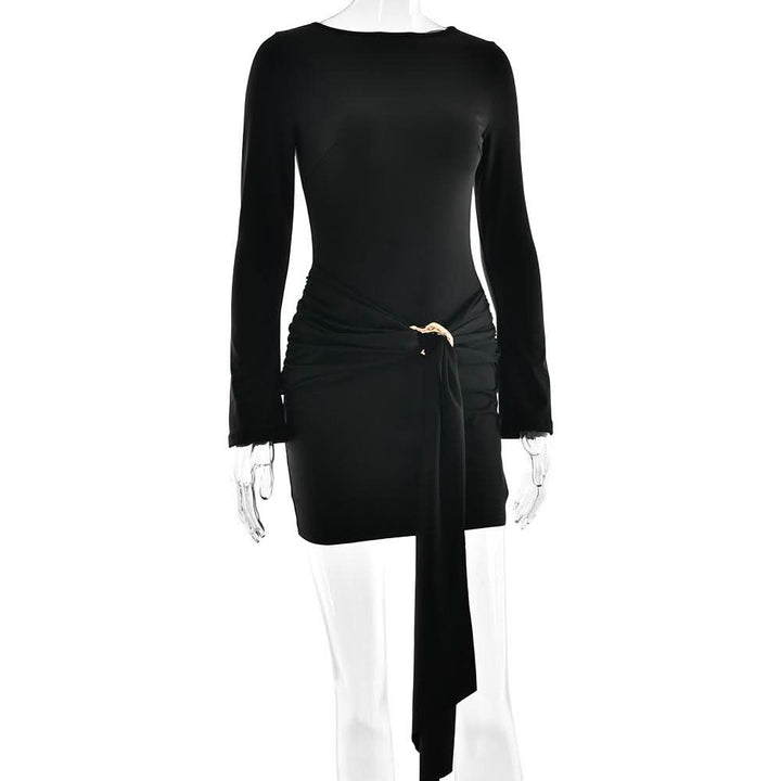 Long sleeve ruched metal applique mini dress  | Festival Outfits Women