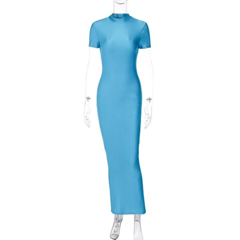Short sleeve high neck slit solid maxi dress-final-sale  | Festival Outfits Women