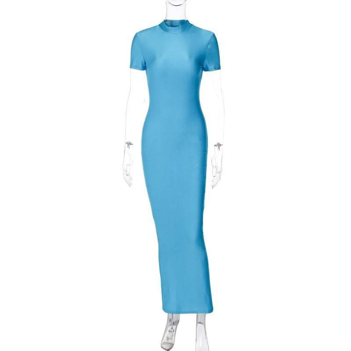Short sleeve high neck slit solid maxi dress-final-sale  | Festival Outfits Women