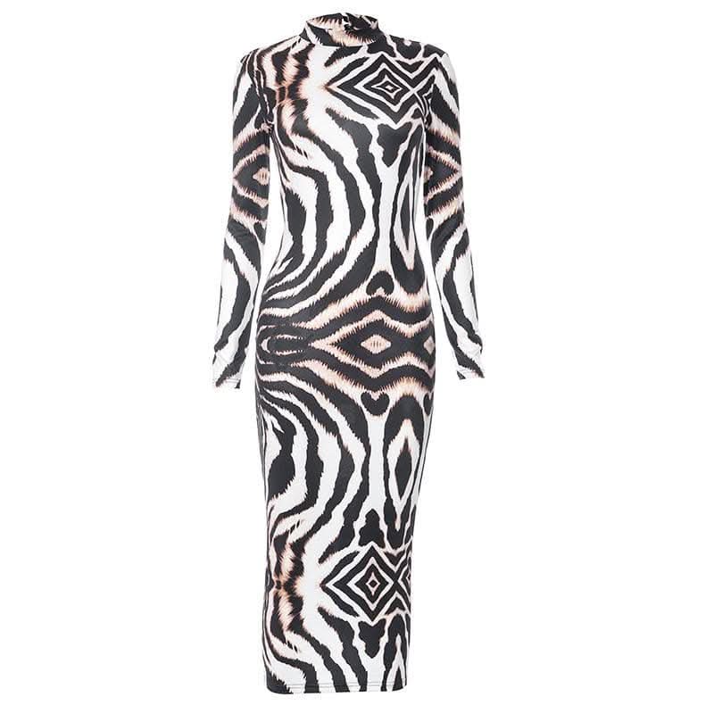 Backless self tie long sleeve tiger print contrast midi dress-final-sale  | Festival Outfits Women