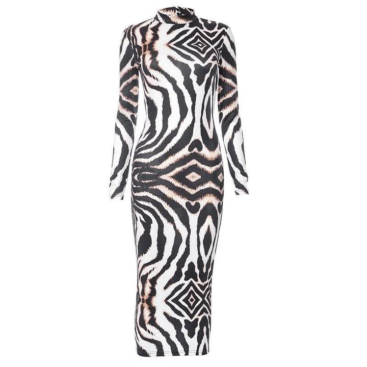 Backless self tie long sleeve tiger print contrast midi dress-final-sale  | Festival Outfits Women