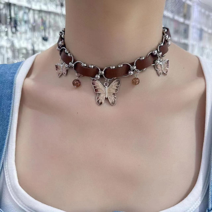 Butterfly pendant PU leather choker necklace  | Festival Outfits Women