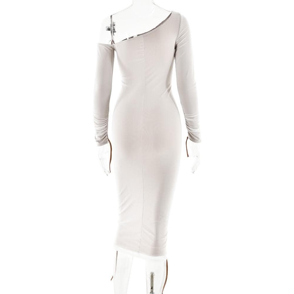 Long sleeve one shoulder ruched stitch mesh midi dress-final-sale  | Festival Outfits Women