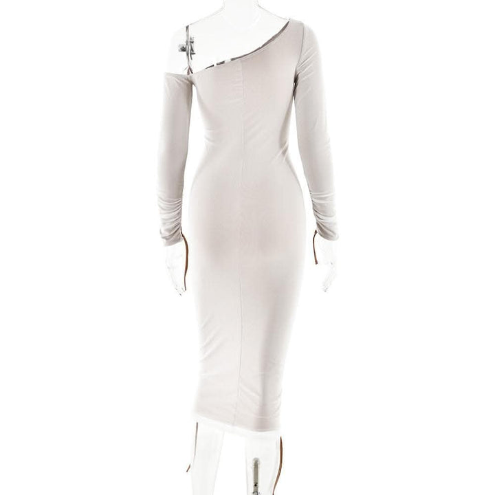 Long sleeve one shoulder ruched stitch mesh midi dress-final-sale  | Festival Outfits Women