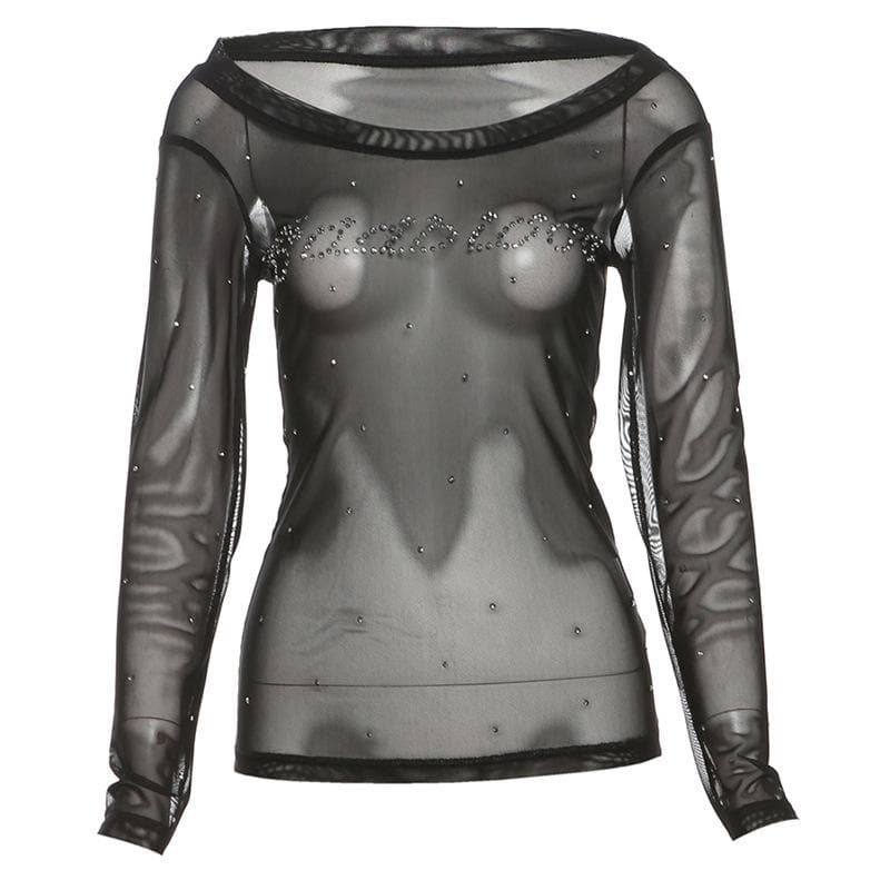 Off shoulder long sleeve beaded sheer mesh solid top  | Festival Outfits Women