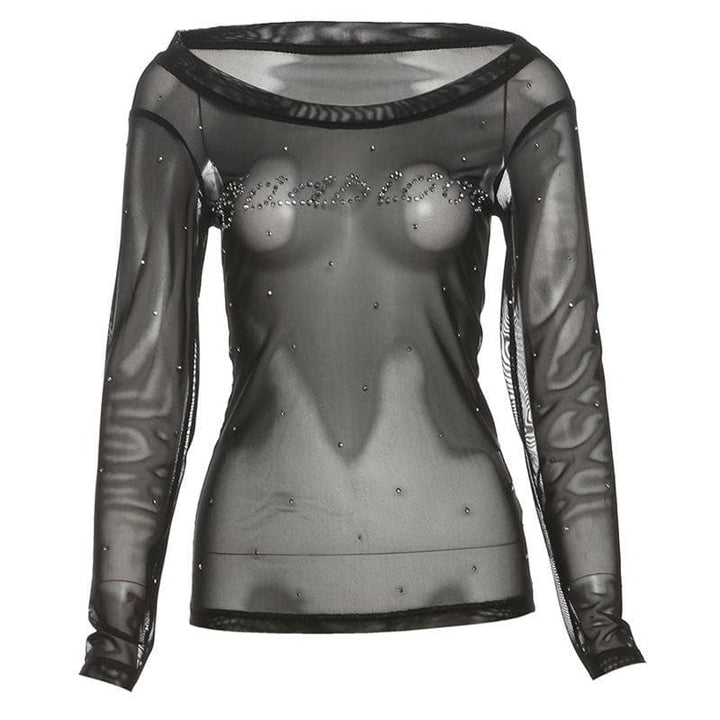 Off shoulder long sleeve beaded sheer mesh solid top  | Festival Outfits Women