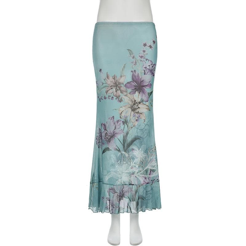 Ruched ruffle cowl neck  flower print mesh maxi skirt set-final-sale