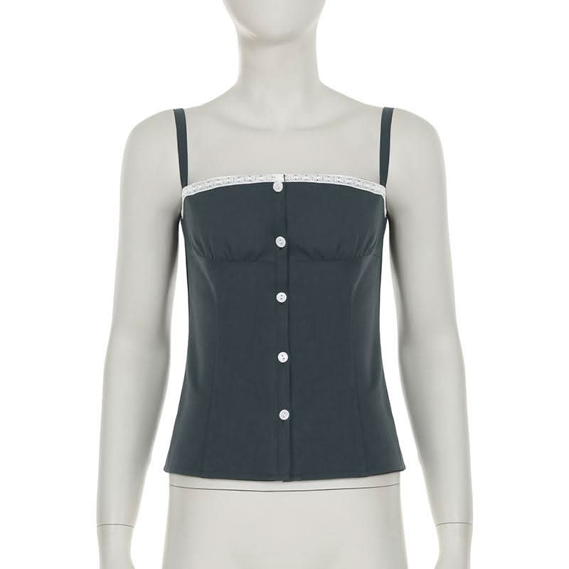 Square neck lace hem button ruched backless top  | Festival Outfits Women