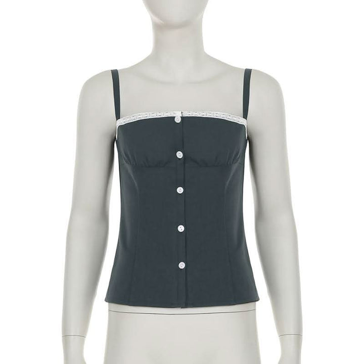 Square neck lace hem button ruched backless top  | Festival Outfits Women