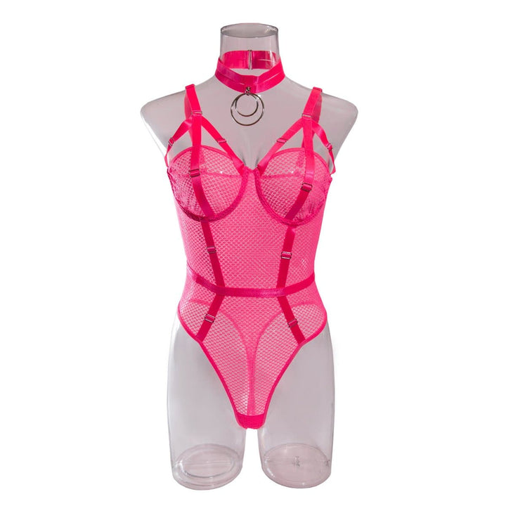 Halter strappy o ring fishnet bodysuit with choker  | Festival Outfits Women
