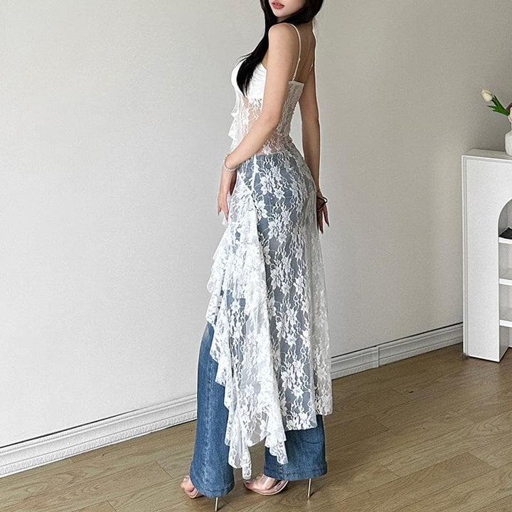 Sweetheart neck lace ruffle see through cami midi dress  | Festival Outfits Women