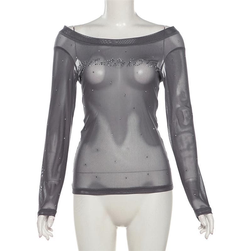 Off shoulder long sleeve beaded sheer mesh solid top  | Festival Outfits Women