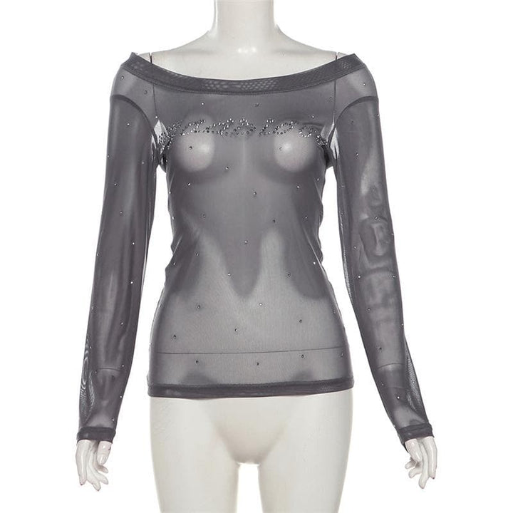Off shoulder long sleeve beaded sheer mesh solid top  | Festival Outfits Women