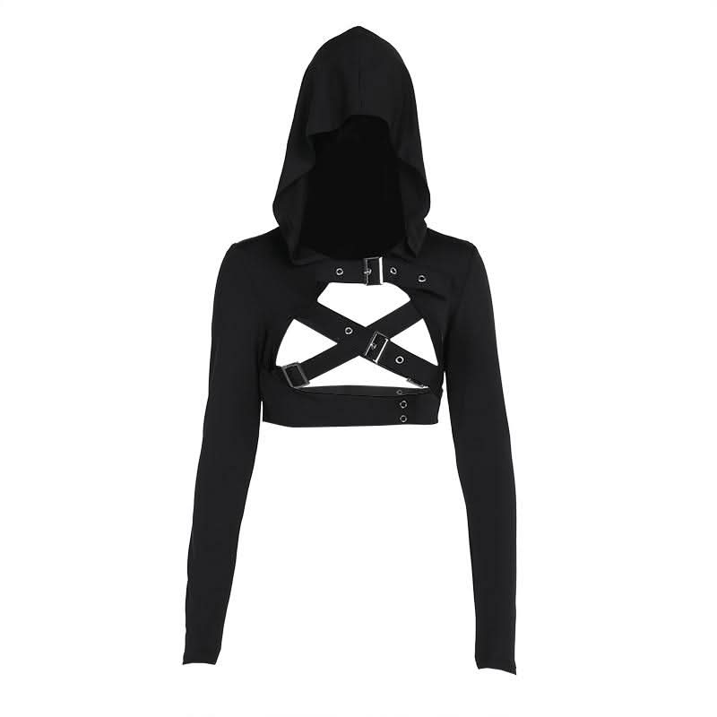 Hoodie long sleeve buckle cross back crop top  | Festival Outfits Women