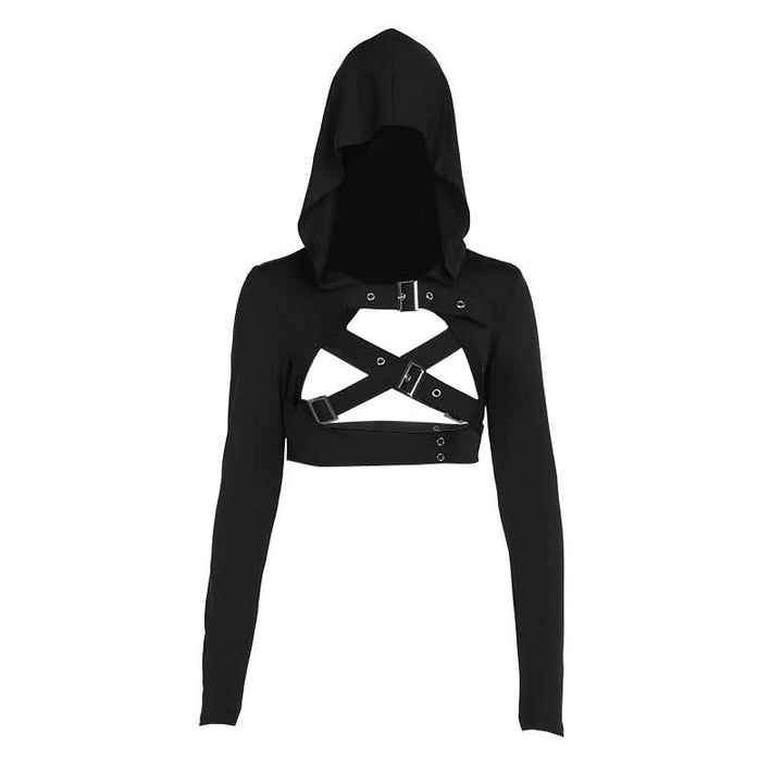 Hoodie long sleeve buckle cross back crop top  | Festival Outfits Women