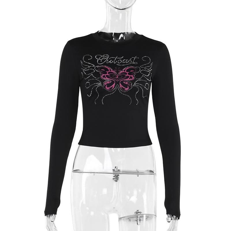 Long sleeve beaded butterfly pattern crewneck top  | Festival Outfits Women