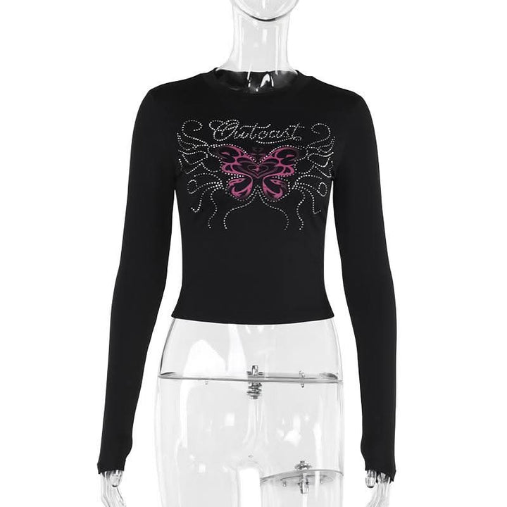 Long sleeve beaded butterfly pattern crewneck top  | Festival Outfits Women