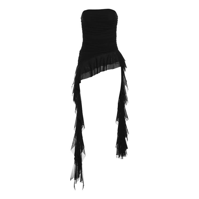 Ruffle mesh ruched irregular solid tube top  | Festival Outfits Women