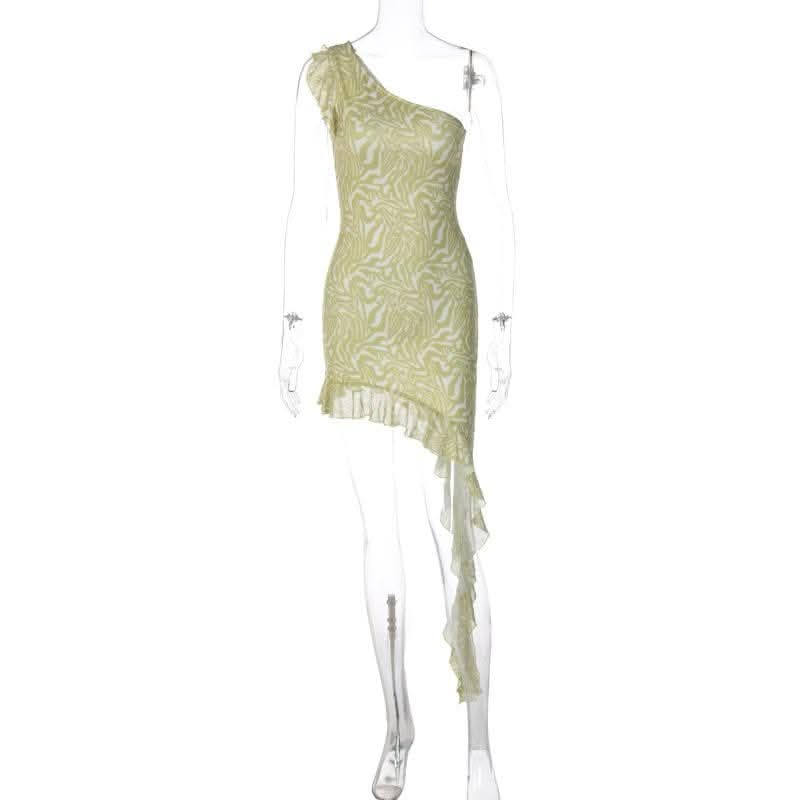 Mesh ripple contrast one shoulder irregular ruffle midi dress-final-sale  | Festival Outfits Women