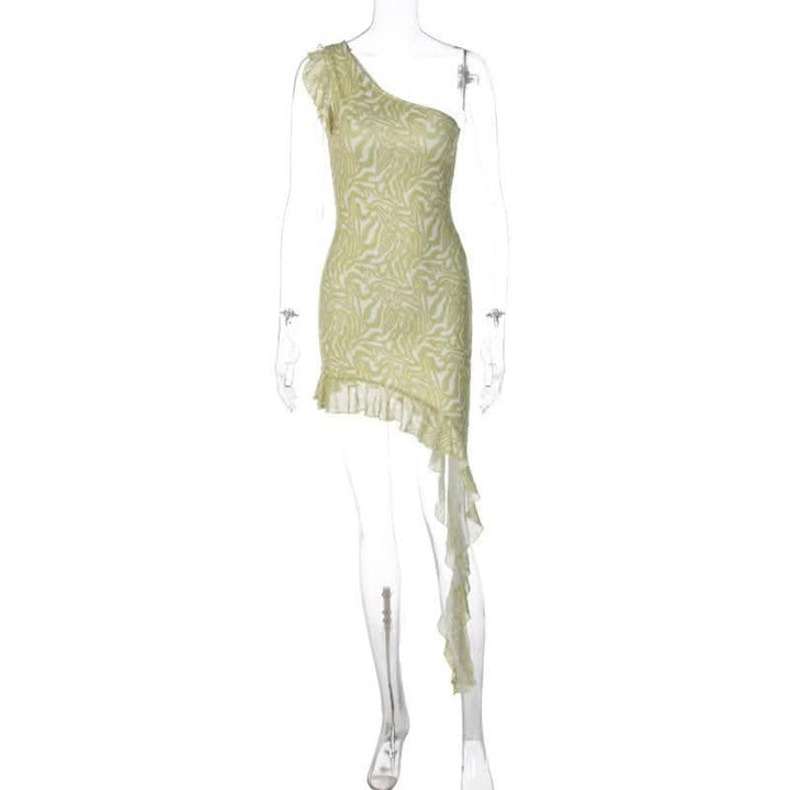 Mesh ripple contrast one shoulder irregular ruffle midi dress-final-sale  | Festival Outfits Women