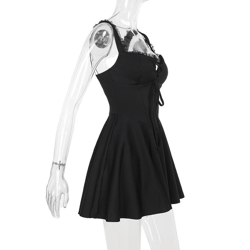 Lace hem button bowknot cami mini dress  | Festival Outfits Women