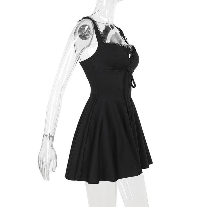 Lace hem button bowknot cami mini dress  | Festival Outfits Women