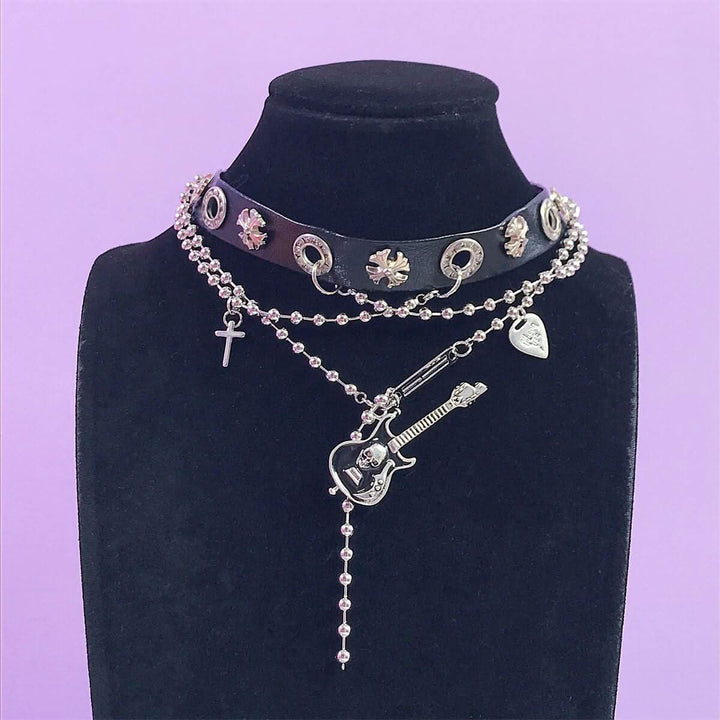 Guitar decor metal chain PU leather cross choker necklace  | Festival Outfits Women