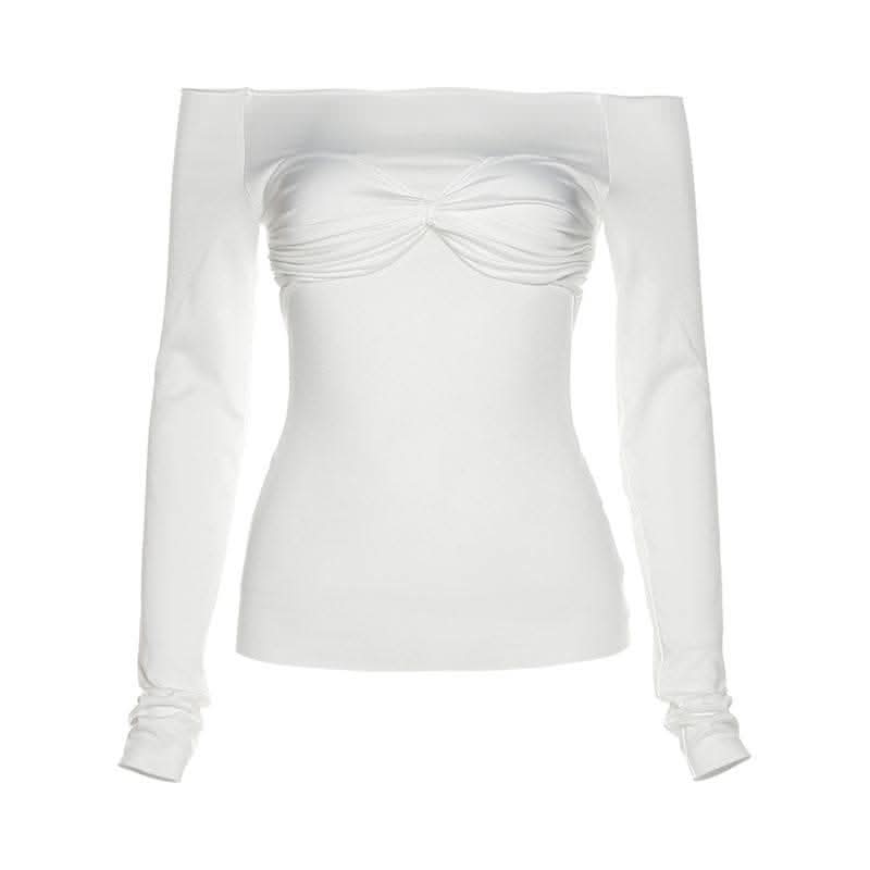 Mesh solid off shoulder ruched long sleeve top - Final Sale-final-sale  | Festival Outfits Women