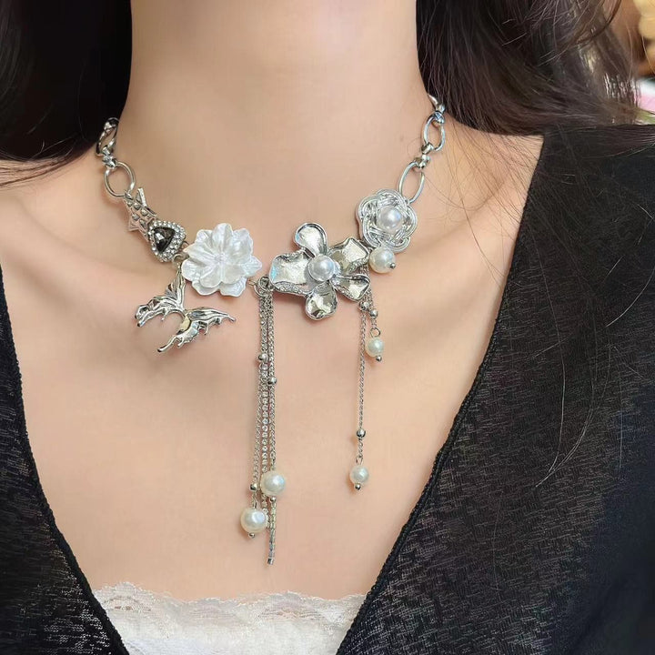 Tassels flower decor metal chain choker necklace  | Festival Outfits Women