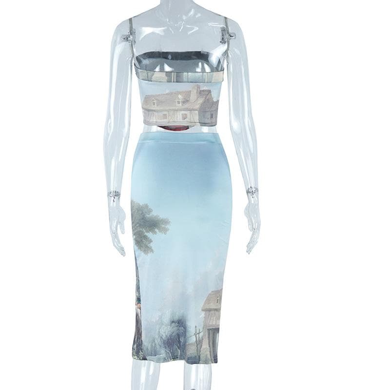 Slit print contrast backless tube midi skirt set  | Festival Outfits Women