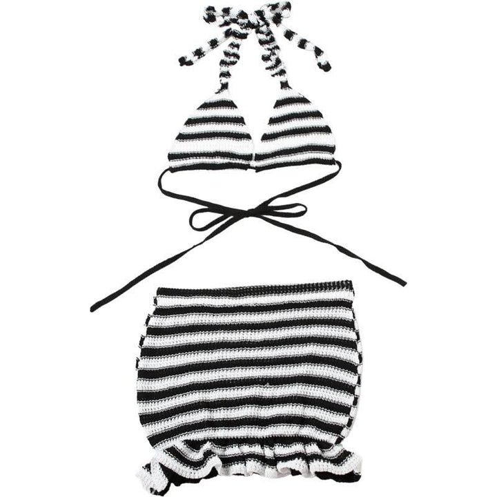 Halter v neck striped knitted ruffle mini skirt set  | Festival Outfits Women