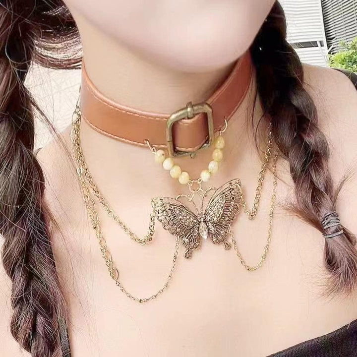 PU leather buckle butterfly pendant beaded choker necklace  | Festival Outfits Women