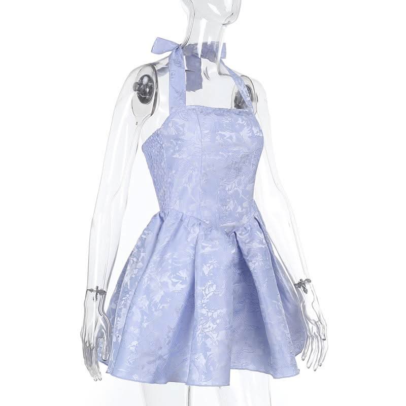 Halter smocked ruched square neck print mini dress  | Festival Outfits Women