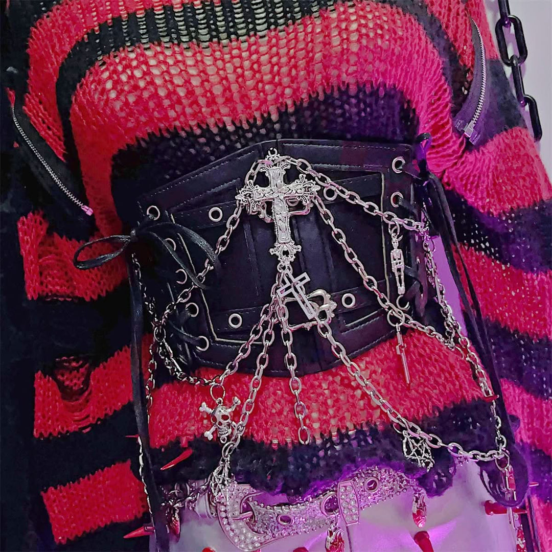 PU leather metal chain cross applique waist chain  | Festival Outfits Women