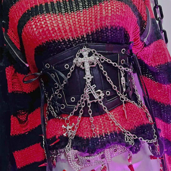 PU leather metal chain cross applique waist chain  | Festival Outfits Women