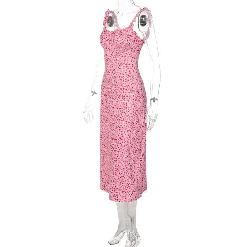 Flowers contrast print ruffle ruched square neck backless cami midi dress-final-sale