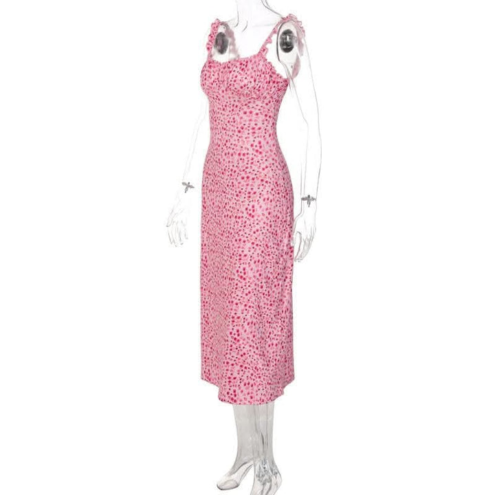 Flowers contrast print ruffle ruched square neck backless cami midi dress-final-sale