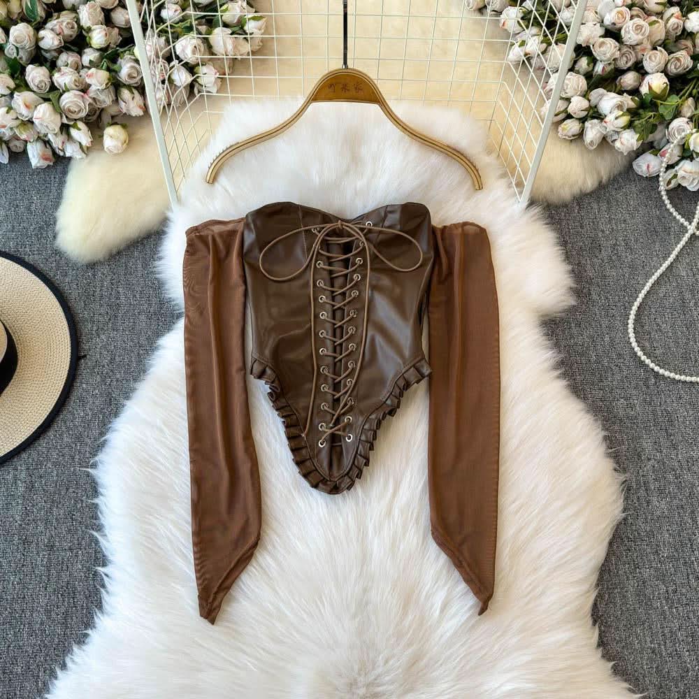 Off shoulder PU leather lace up smocked top  | Festival Outfits Women