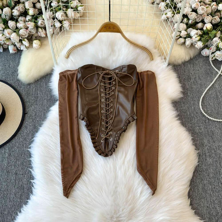 Off shoulder PU leather lace up smocked top  | Festival Outfits Women